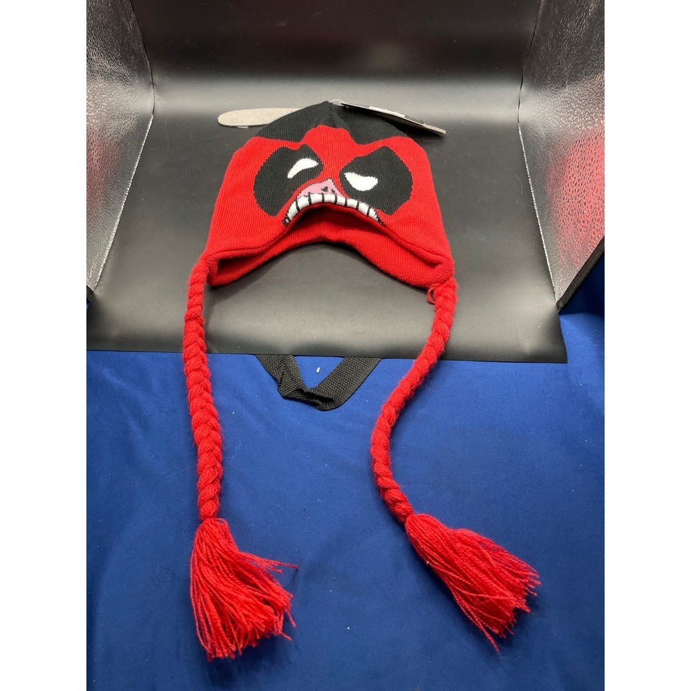 Marvel Deadpool Peruvian Knit Beanie Hat Red Black Braided Tassels Ear Flaps NWT